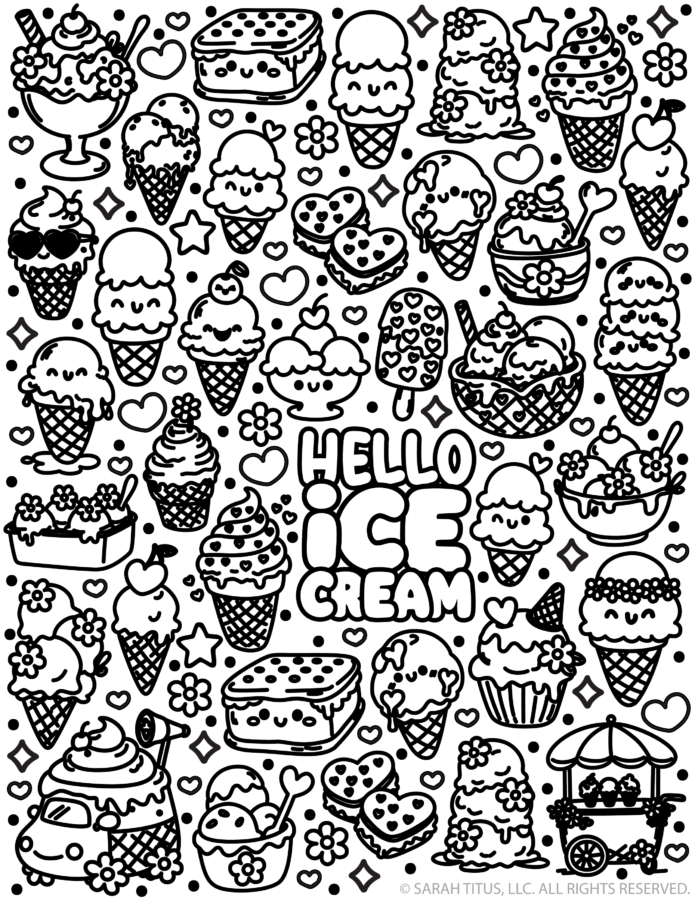 Hello Ice Cream coloring page with cute kawaii ice cream cones, sundaes, popsicles, ice cream sandwiches, hearts, flowers, and sweet dessert designs.