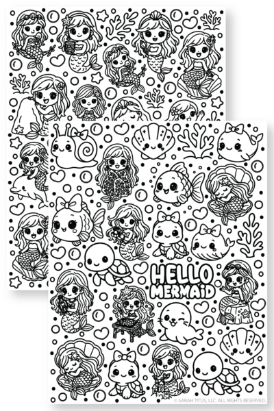 Featured image: Stack of two printable hello mermaid coloring pages with cute kawaii mermaids, ocean animals, seashells, coral, bubbles, and under the sea doodles.