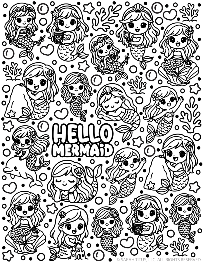 Hello Mermaid coloring page with cute mermaids, dolphin, seashell, rock, sandcastle, coral, bubbles, hearts, and starfish ocean designs.
