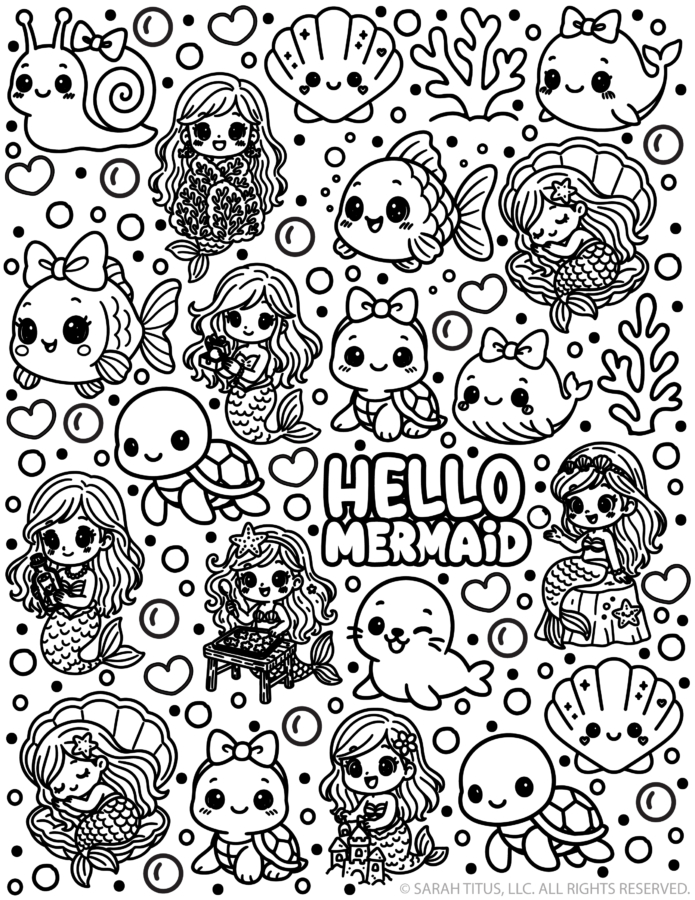 Hello Mermaid coloring page with cute kawaii mermaids, whale, fish, sea turtle, seal, snail, seashells, coral, bubbles, and hearts.