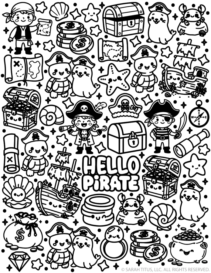 Hello Pirate coloring page with kawaii pirates, treasure maps, pirate ships, treasure chests, gold coins, seashells, crabs, starfish, a compass, and cute ocean doodles.