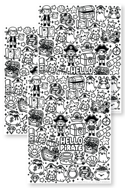 Stack of three Hello Pirate coloring page printables featuring kawaii pirates, treasure maps, pirate ships, treasure chests, gold coins, seashells, crabs, and cute ocean adventure doodles.