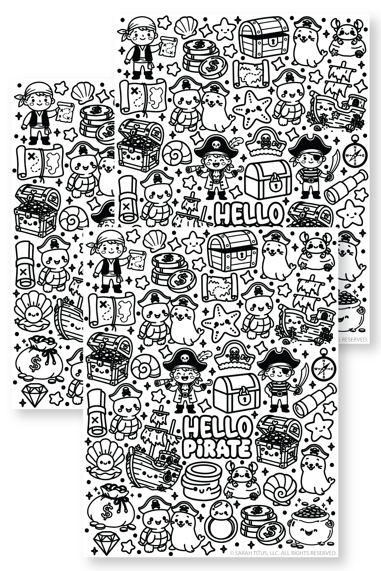 Stack of three Hello Pirate coloring page printables featuring kawaii pirates, treasure maps, pirate ships, treasure chests, gold coins, seashells, crabs, and cute ocean adventure doodles.