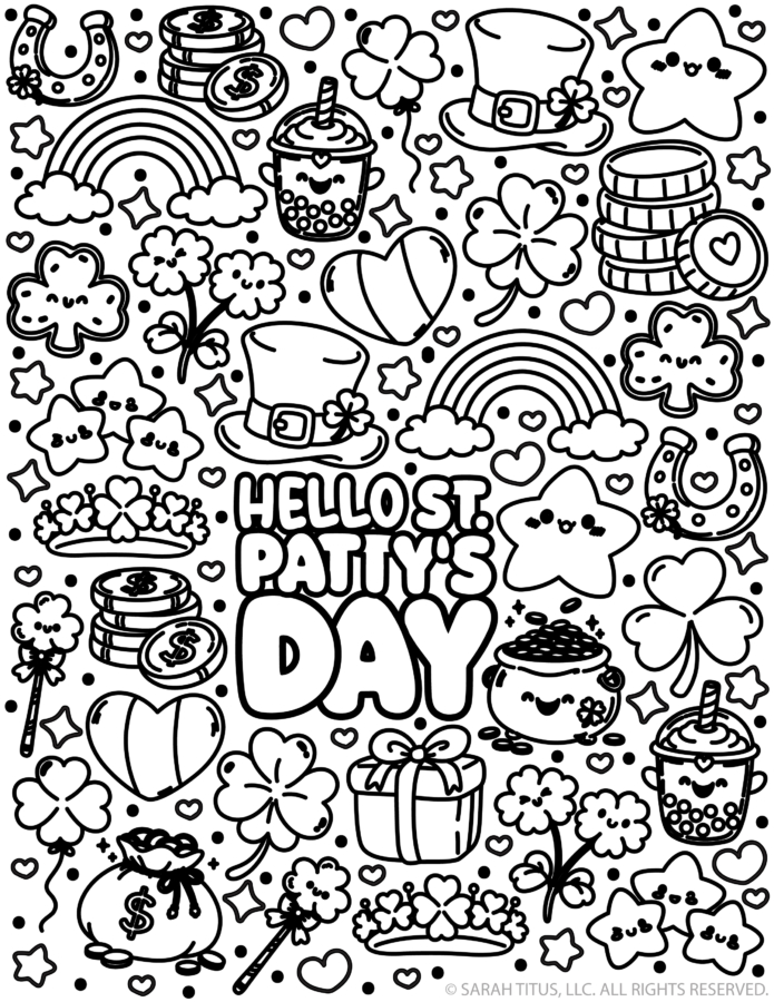Kawaii Hello St. Patty’s Day coloring page with shamrocks, rainbows, leprechaun hats, horseshoes, coins, stars, hearts, and cute St. Patrick’s Day doodles.