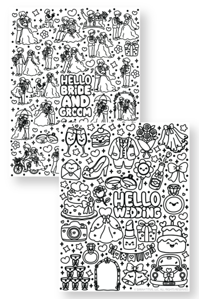 Two black and white printable wedding themed coloring pages. The top page features the text HELLO BRIDE AND GROOM surrounded by cute doodle illustrations of a newlywed couple in various poses. The bottom page features the text HELLO WEDDING and it's surrounded by kawaii style drawings of wedding day items like a dress, tuxedo, rings, cake, and a decorated car.