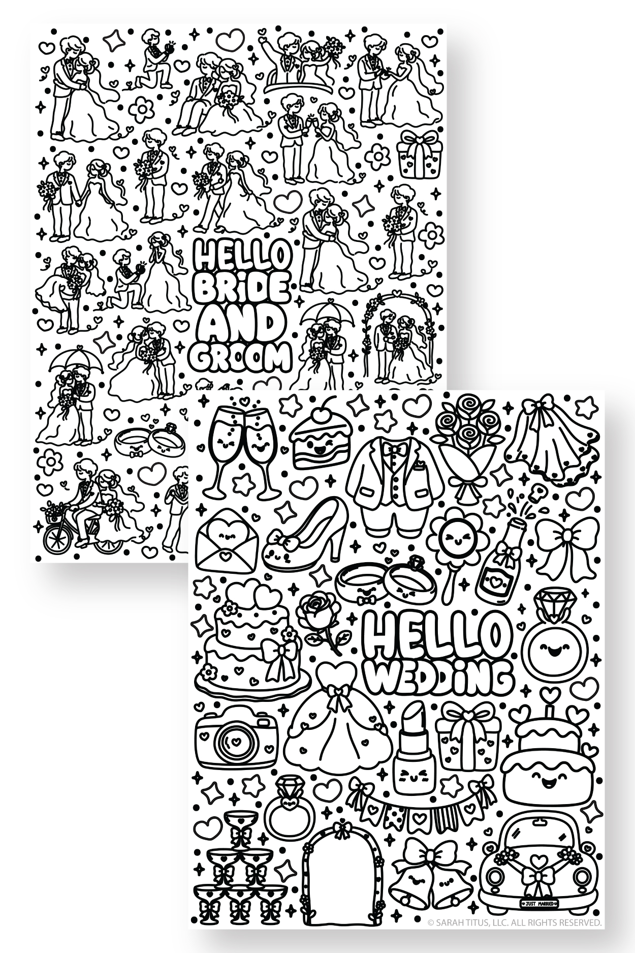 Two black and white printable wedding themed coloring pages. The top page features the text HELLO BRIDE AND GROOM surrounded by cute doodle illustrations of a newlywed couple in various poses. The bottom page features the text HELLO WEDDING and it's surrounded by kawaii style drawings of wedding day items like a dress, tuxedo, rings, cake, and a decorated car.