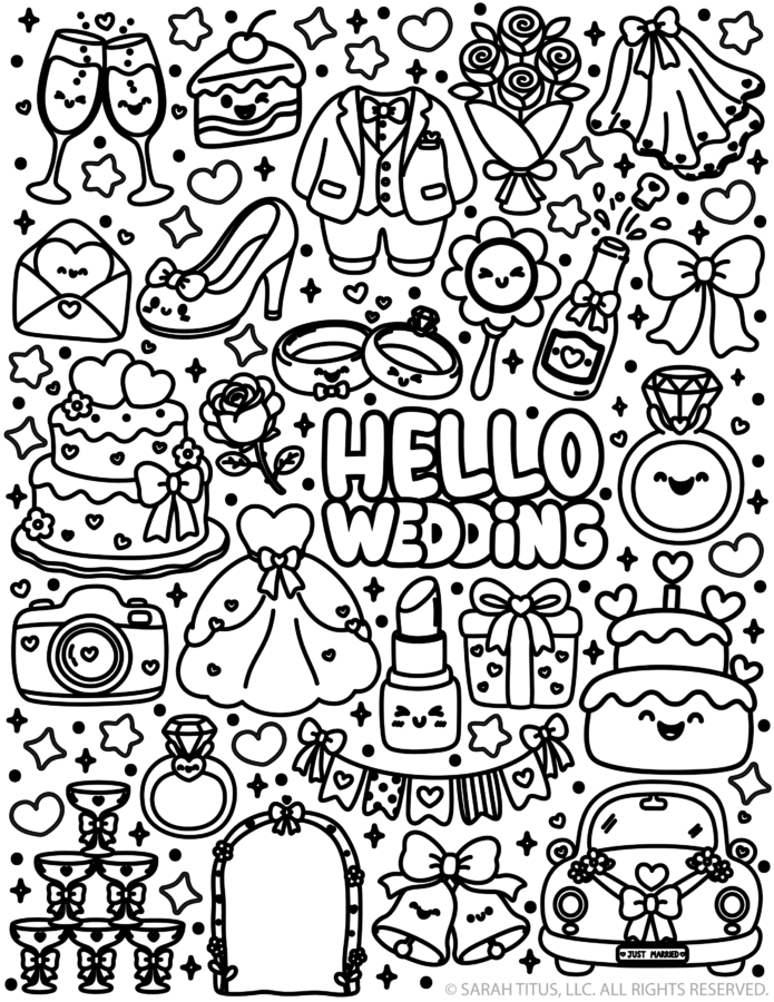 Hello Wedding coloring page with cute black and white wedding doodles including rings, bouquet, cake, dress, bells, champagne glasses, gifts, and a just married car.