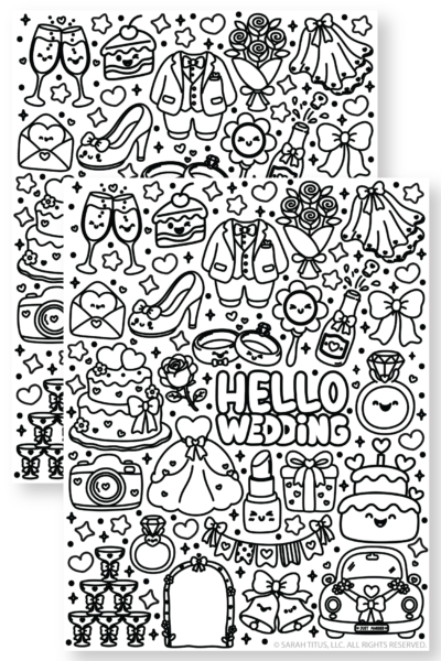 Free printable Hello Wedding coloring page featuring kawaii bridal doodles, wedding rings, cake, bouquet, dress, bells, bows, and a just married car.