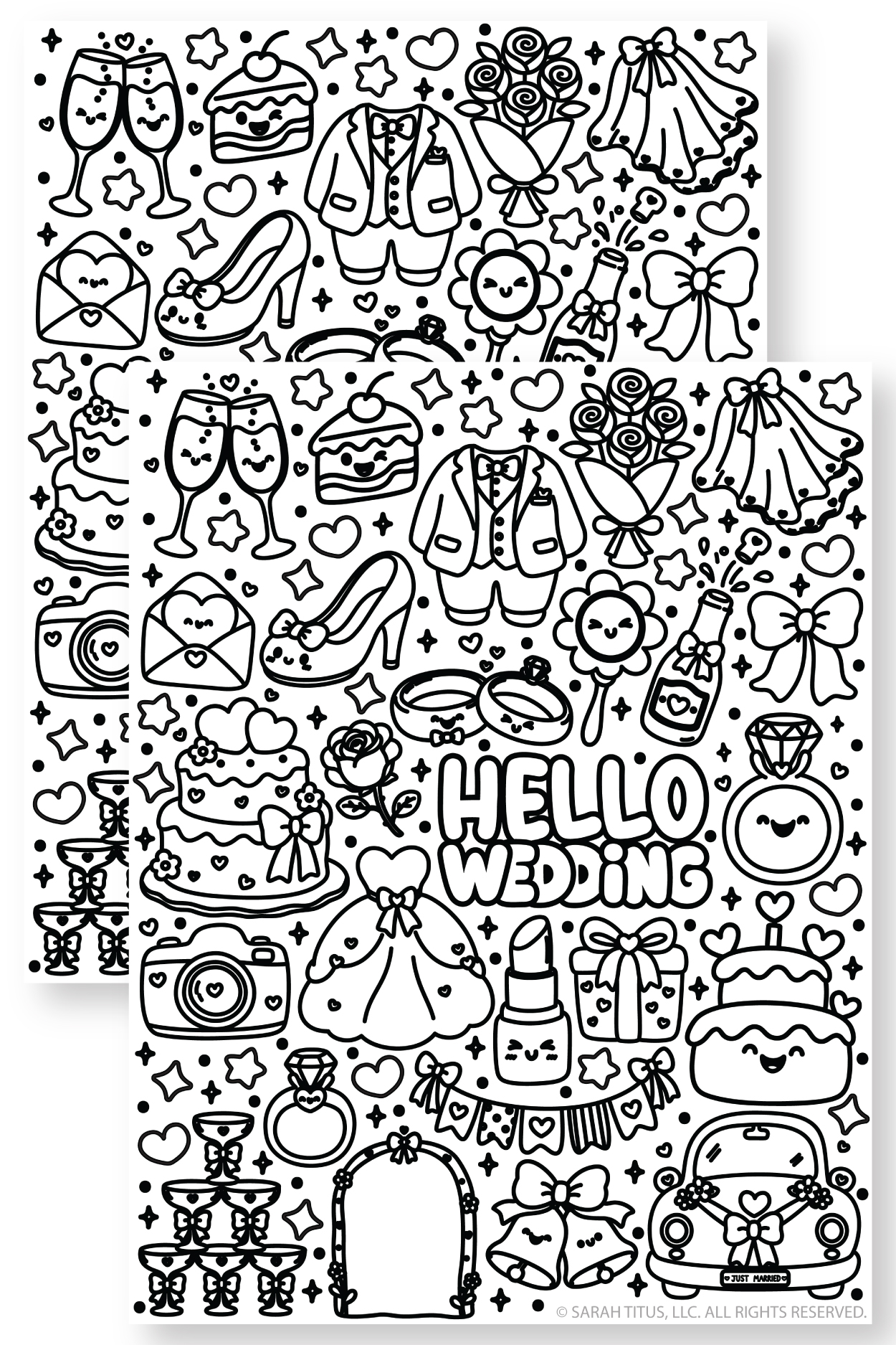 Free printable Hello Wedding coloring page featuring kawaii bridal doodles, wedding rings, cake, bouquet, dress, bells, bows, and a just married car.