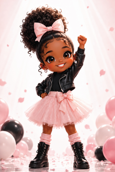 Adorable african american chibi girl smiling with one fist raised, wearing a black jacket, pink tutu skirt, pink bow, and black boots in a joyful pink celebration scene.