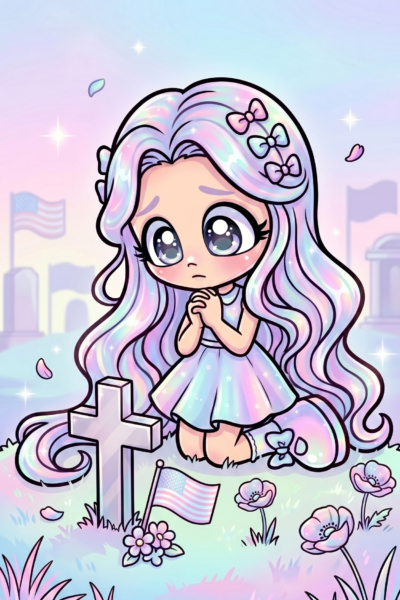 Kawaii chibi girl kneeling in prayer beside a white cross and American flag in a pastel Memorial Day cemetery scene with poppies, soft stars, and flags in the background.