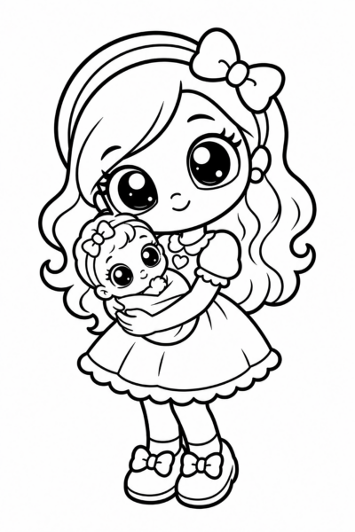 Kawaii mom holding her baby in a sweet black-and-white motherhood coloring page.