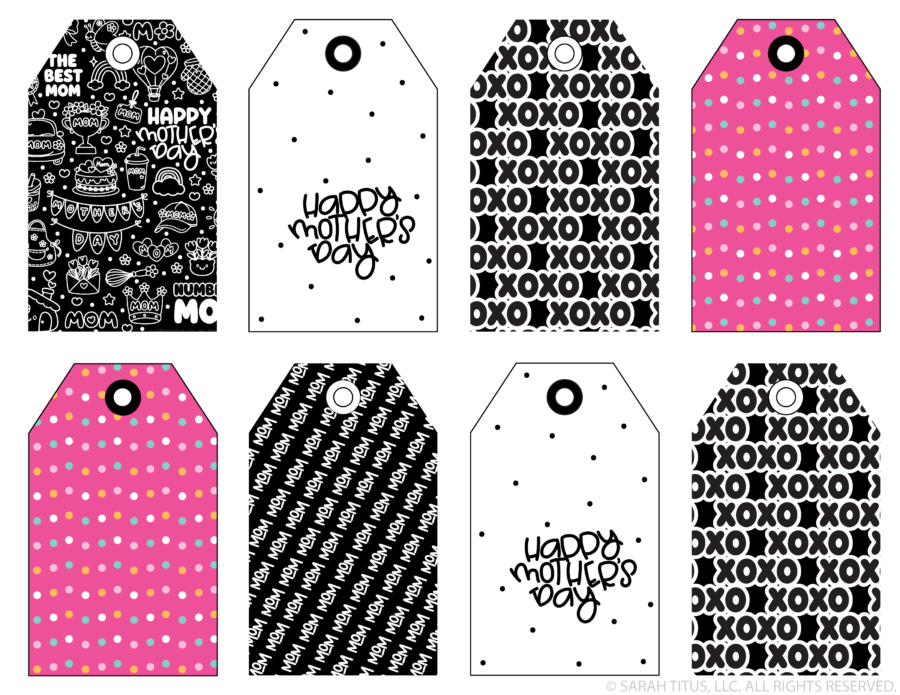 Mother’s Day gift tags printable featuring cute black, white, and pink designs with polka dots, XOXO patterns, mom lettering, and Happy Mother’s Day text.