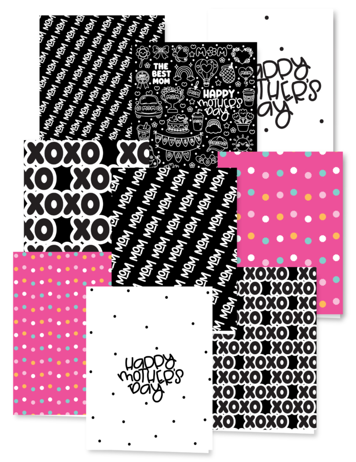Mother’s Day greeting cards printable featuring cute pink polka dot, black-and-white XOXO, mom lettering, doodle, and Happy Mother’s Day card designs.
