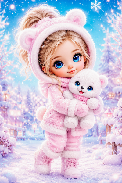 Kawaii snow day words that start with A-Z printable image featuring a cute girl in pink winter clothes holding a polar bear in a snowy scene.