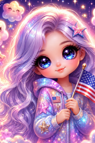 Sparkly chibi girl with purple hair holding an American flag against a glowing starry background for Veteran’s Day A-Z words.