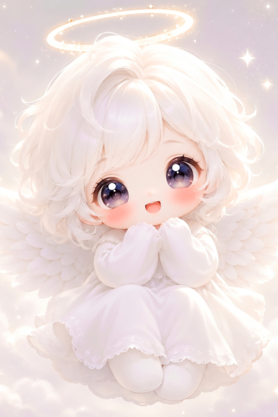 Sweet white chibi angel with wings, glowing halo, soft clouds, and sparkling heavenly background for white things A-Z words.