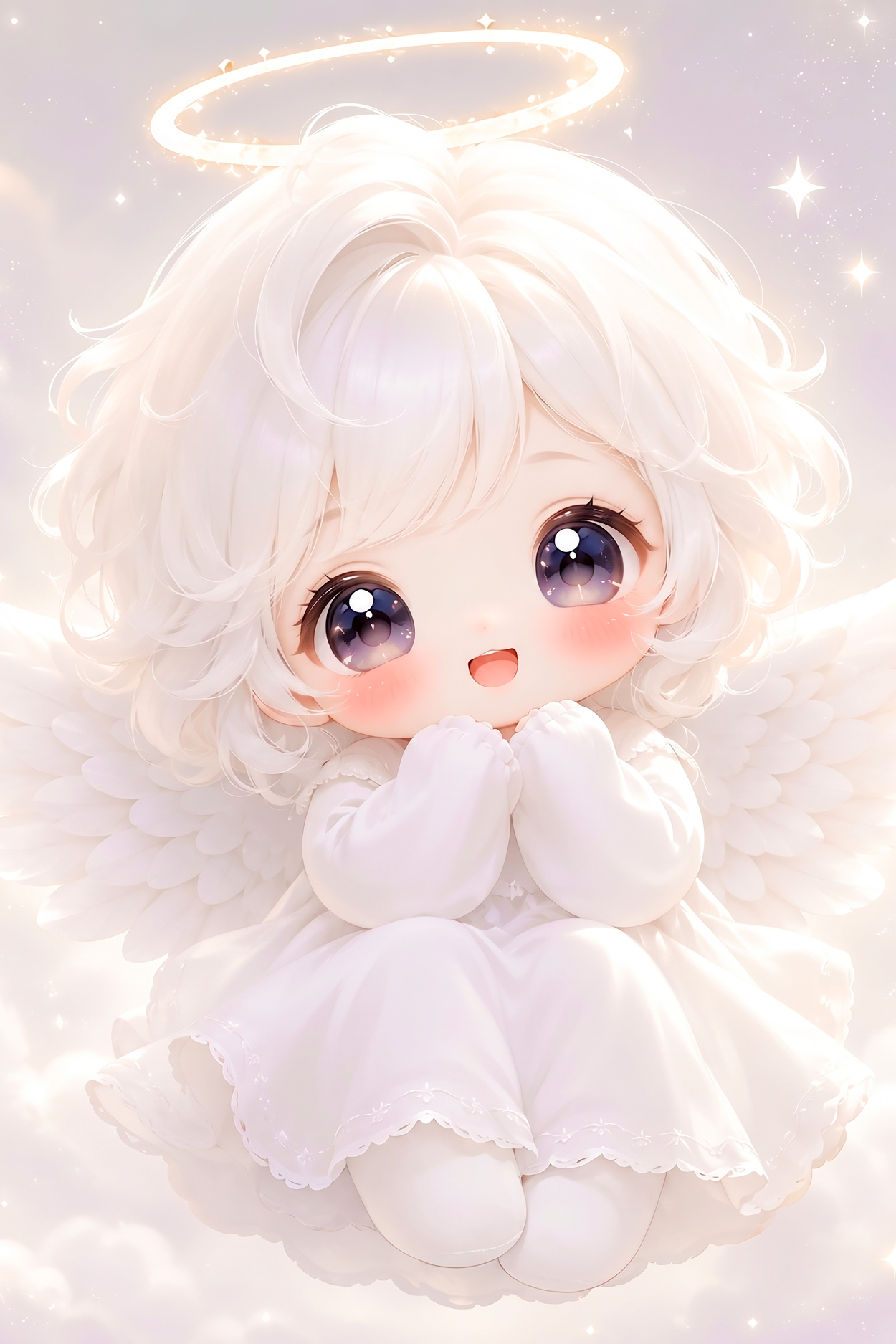 Sweet white chibi angel with wings, glowing halo, soft clouds, and sparkling heavenly background for white things A-Z words.