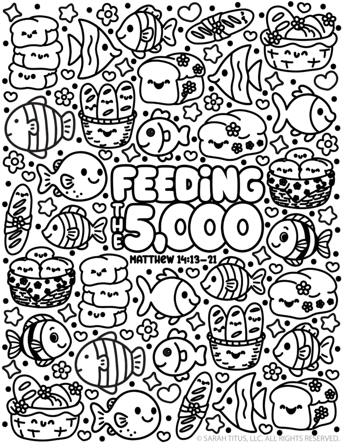 Feeding The 5,000 Bible story coloring page with kawaii loaves, fish, bread baskets, and Scripture reference Matthew 14:13-21.