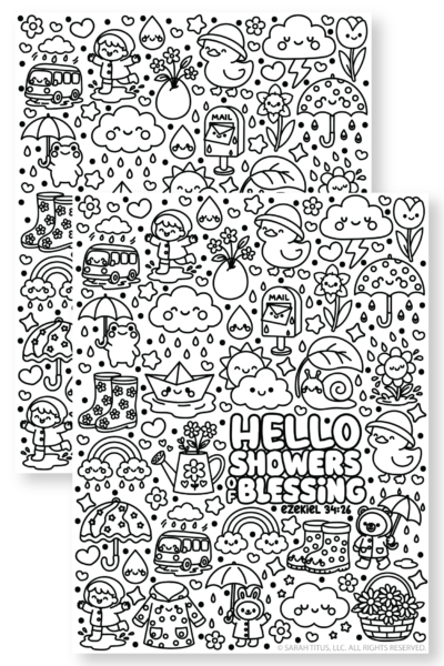 Featured mockup of a Hello Showers of Blessing coloring page with Ezekiel 34:26, cute rain clouds, umbrellas, ducks, rain boots, flowers, and spring weather images.