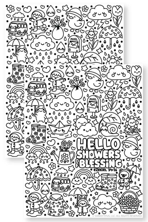 Featured mockup of a Hello Showers of Blessing coloring page with Ezekiel 34:26, cute rain clouds, umbrellas, ducks, rain boots, flowers, and spring weather images.
