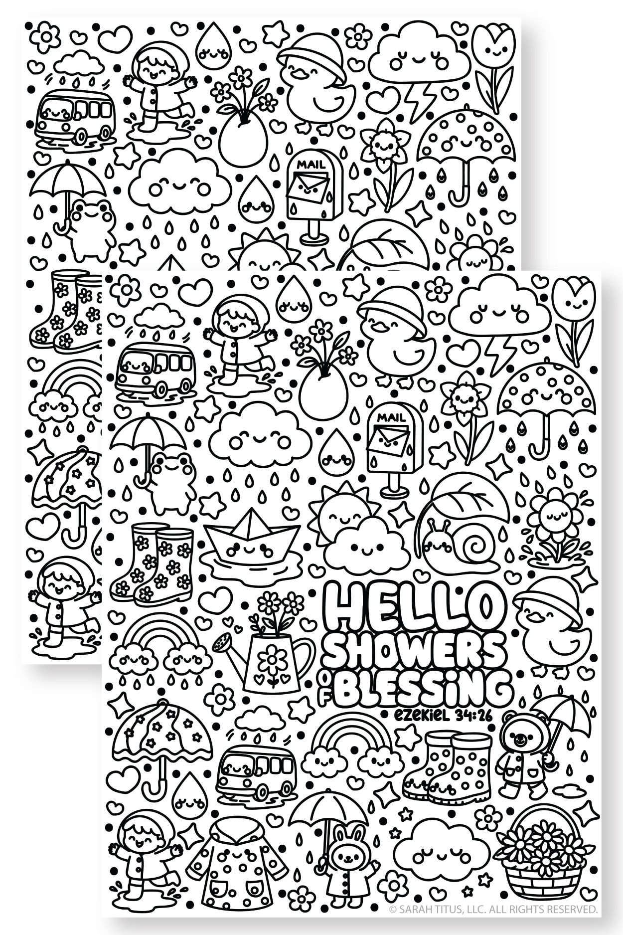 Featured mockup of a Hello Showers of Blessing coloring page with Ezekiel 34:26, cute rain clouds, umbrellas, ducks, rain boots, flowers, and spring weather images.