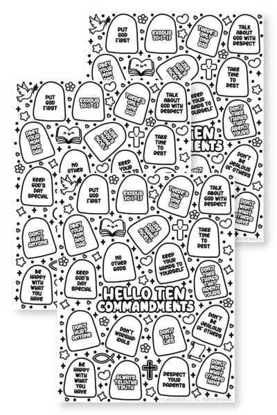 Free Ten Commandments coloring page with kid-friendly commandment phrases, Exodus Bible reference, cute crosses, hearts, flowers, and doodle-style line art.