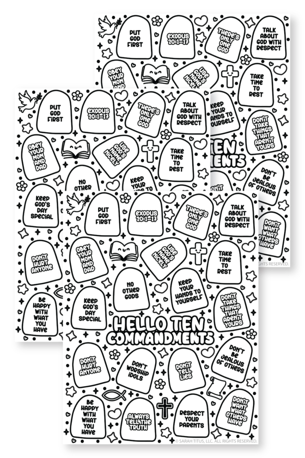 Free Ten Commandments coloring page with kid-friendly commandment phrases, Exodus Bible reference, cute crosses, hearts, flowers, and doodle-style line art.