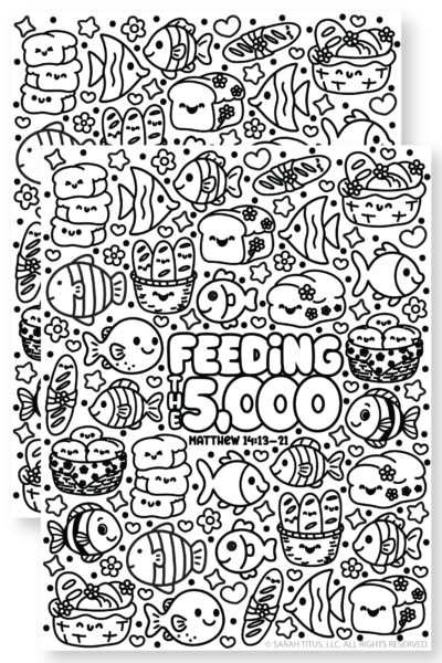 Jesus Feeds The 5,000 coloring page printable featuring cute fish, bread baskets, loaves, hearts, stars, and Matthew 14:13-21 Bible verse reference.