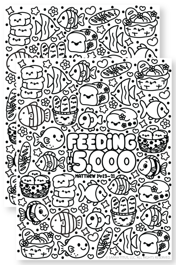 Jesus Feeds The 5,000 coloring page printable featuring cute fish, bread baskets, loaves, hearts, stars, and Matthew 14:13-21 Bible verse reference.