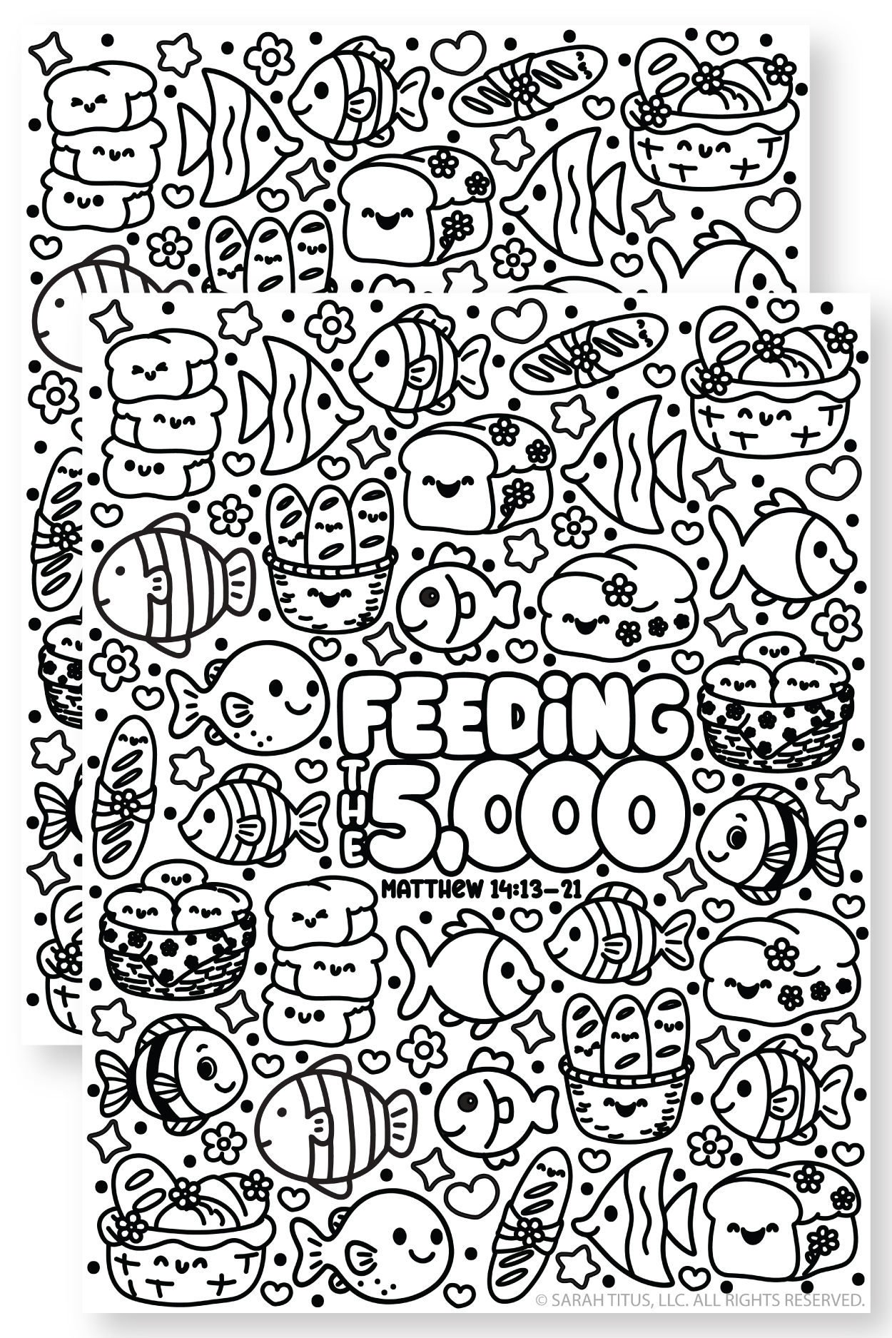 Jesus Feeds The 5,000 coloring page printable featuring cute fish, bread baskets, loaves, hearts, stars, and Matthew 14:13-21 Bible verse reference.