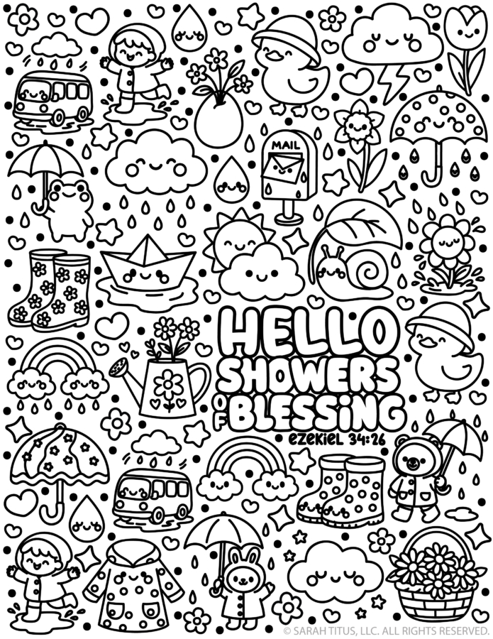 Hello Showers of Blessing coloring page with Ezekiel 34:26, kawaii rainy day images, clouds, raindrops, umbrellas, ducks, flowers, rain boots, and cheerful spring designs.