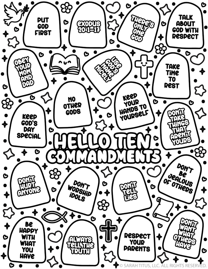 Hello Ten Commandments coloring page printable with cute Bible-themed images, commandment tablets, crosses, hearts, stars, and simple faith phrases.