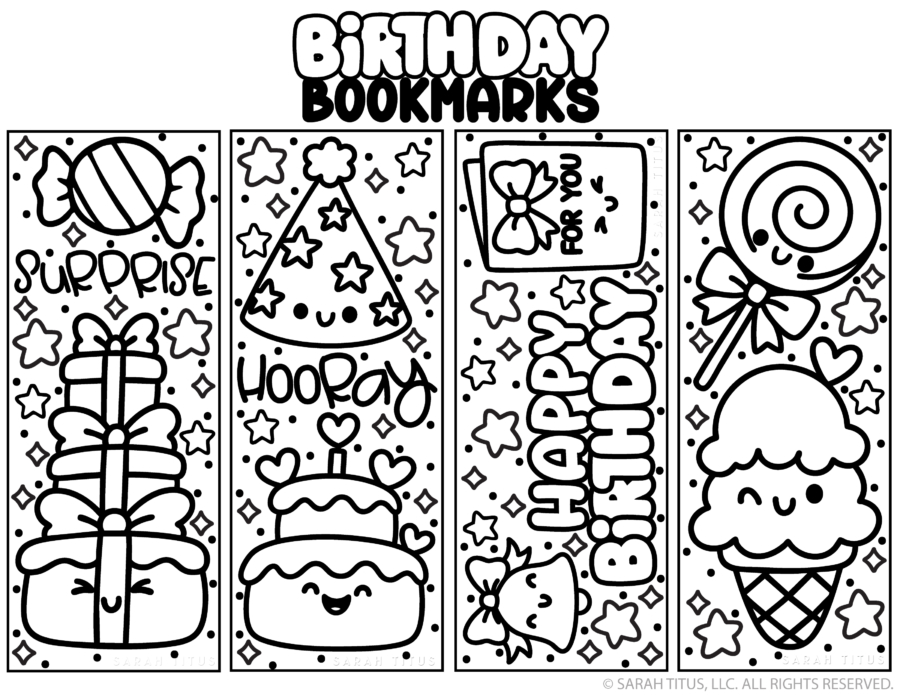 Free printable birthday coloring bookmarks with gifts, cake, candy, and ice cream designs