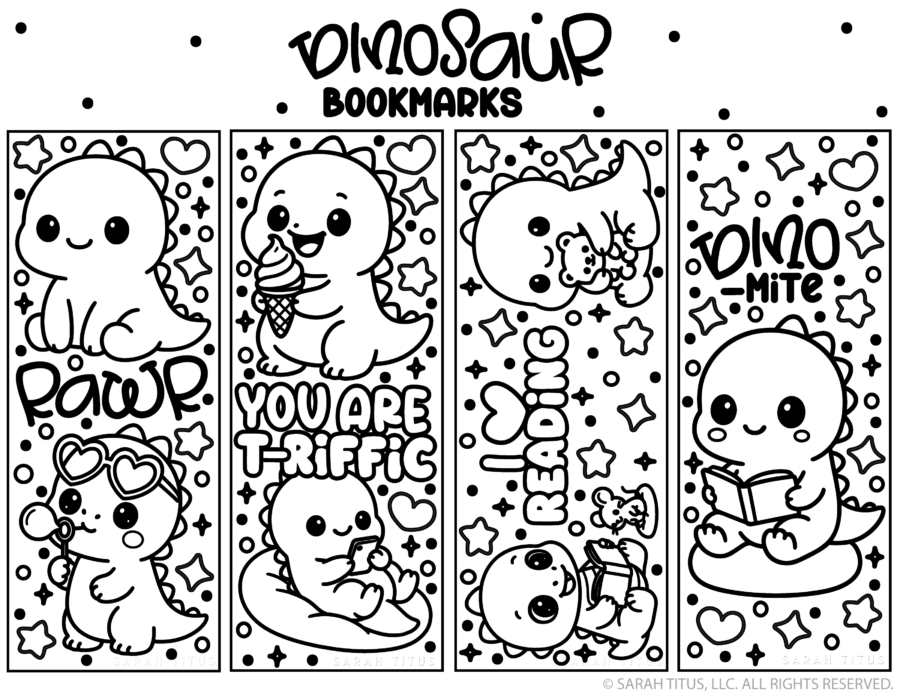 Free printable dinosaur coloring bookmarks with cute dinosaurs, books, ice cream, and playful sayings