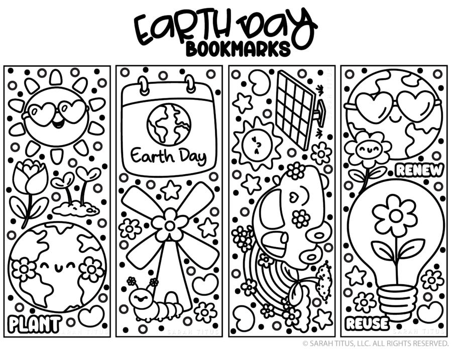 Free printable Earth Day coloring bookmarks with planet Earth, flowers, solar panels, a wind turbine, and reuse designs