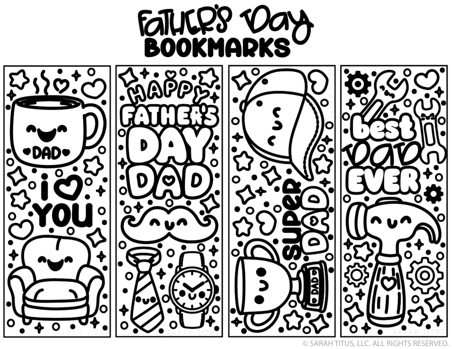 Free printable Father’s Day coloring bookmarks with dad mugs, a hat, tie, watch, tools, and trophy designs