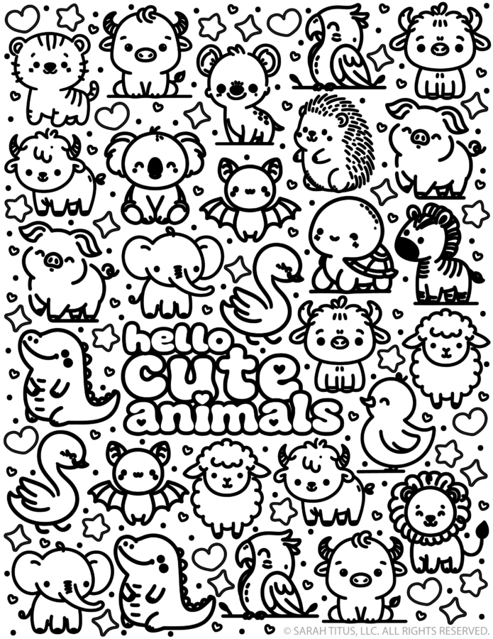 Hello Cute Animals coloring page featuring adorable kawaii elephants, tigers, koalas, giraffes, dinosaurs, ducks, and more, surrounded by hearts and stars.