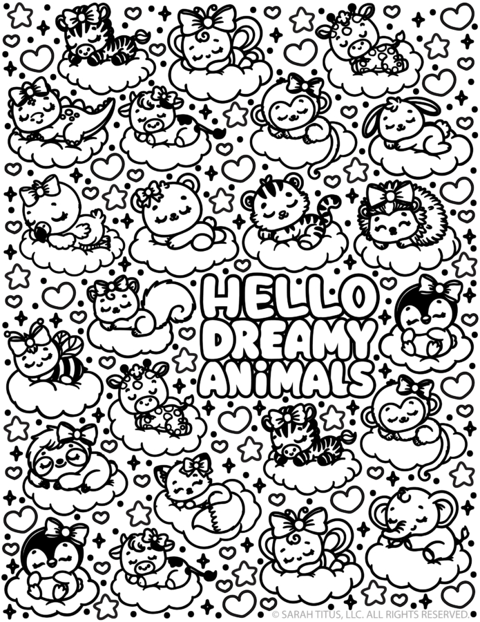 Hello Dreamy Animals coloring page featuring cute sleepy animals resting on fluffy clouds surrounded by hearts and stars.