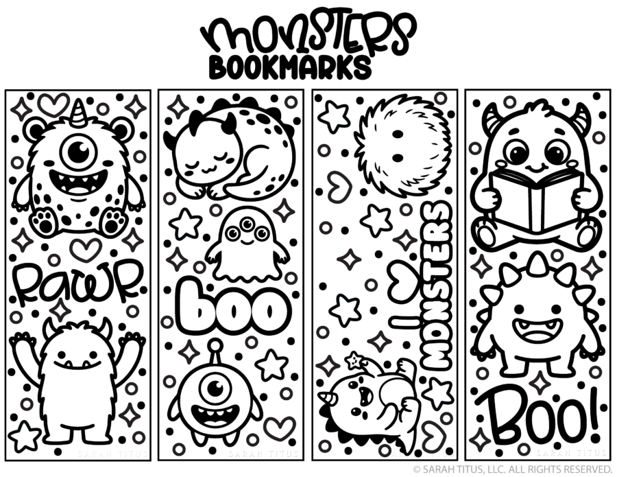 Free printable monster coloring bookmarks with cute monsters, books, stars, and hearts