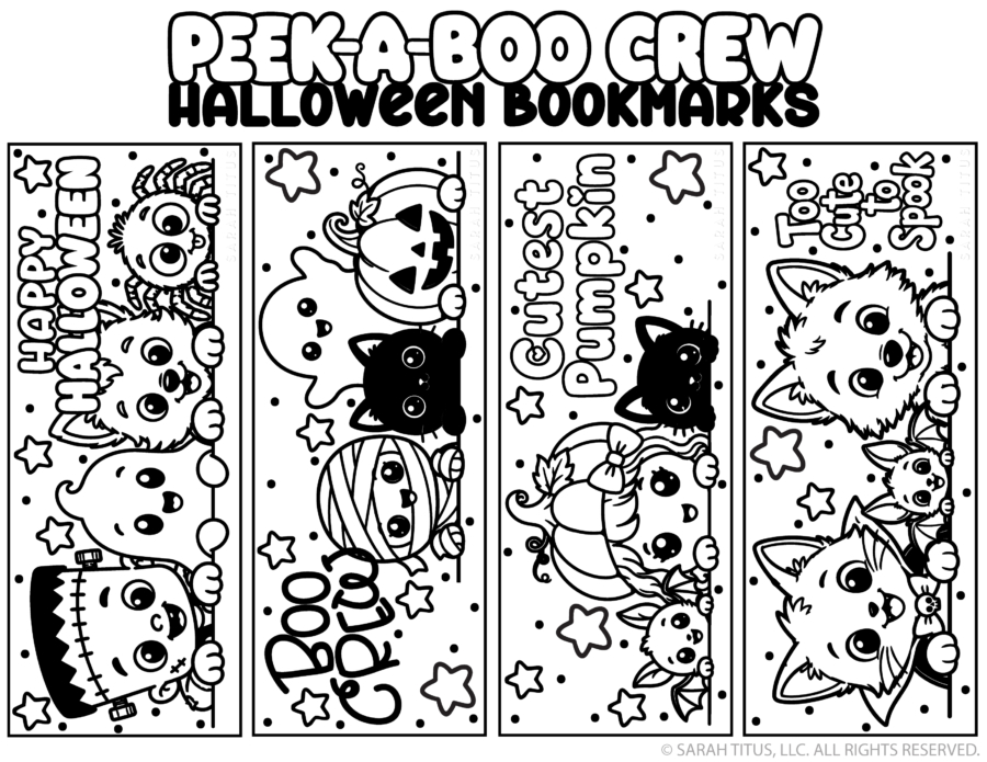 Peek-A-Boo Crew Halloween coloring bookmarks featuring cute ghosts, pumpkins, black cats, bats, a mummy, Frankenstein, and kawaii Halloween sayings.