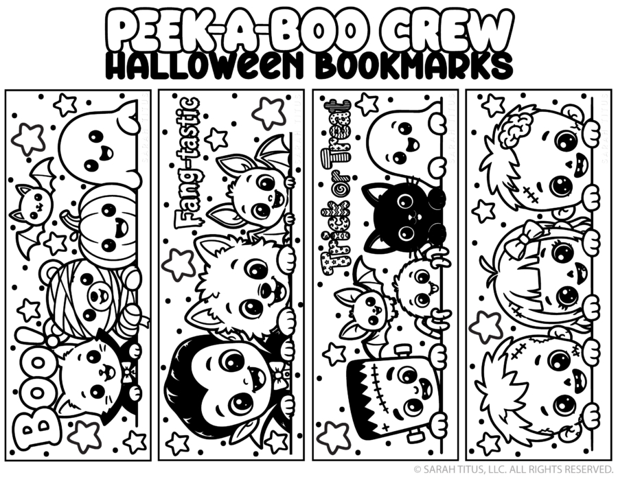 Peek-A-Boo Crew Halloween coloring bookmarks featuring cute ghosts, pumpkins, bats, cats, vampires, Frankenstein, and other kawaii monsters.