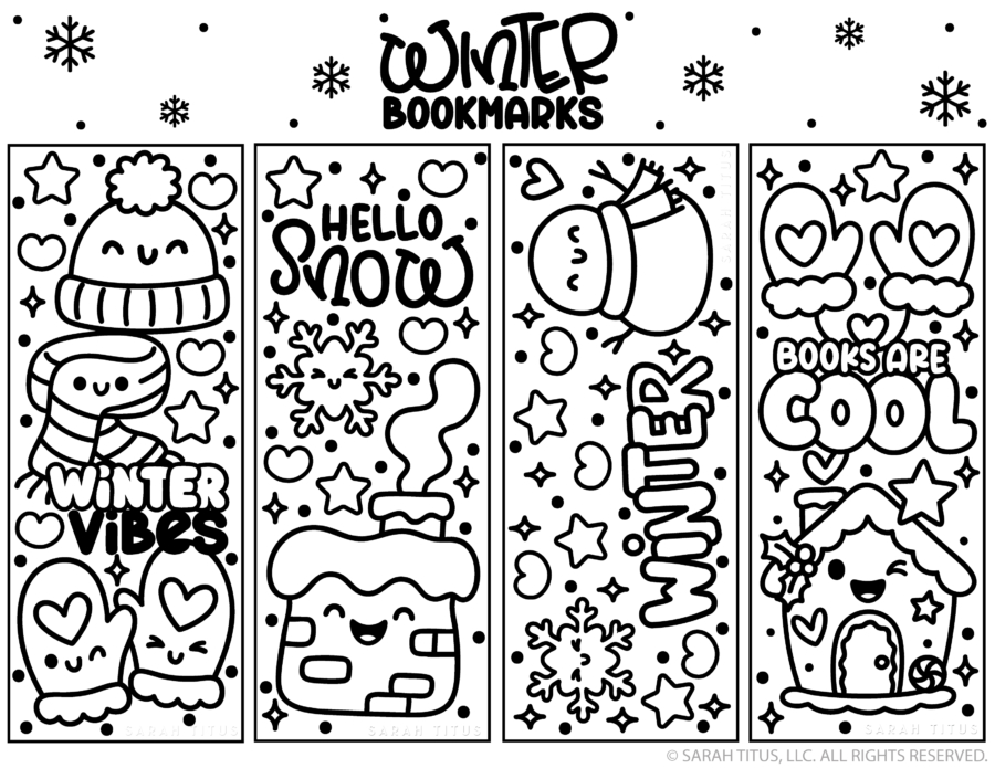 Free printable winter coloring bookmarks with a hat, scarf, mittens, snowflakes, snowman, and cozy winter house designs