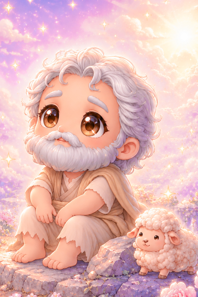 Bible Characters Who Overcame Hard Times features a cute illustration of an older man with white hair and a thick beard wearing a simple beige robe. He's sitting on a textured stone scattered with small flowers next to a little white sheep. The background displays a soft pink sky filled with fluffy clouds, bright sunlight, and shining stars.