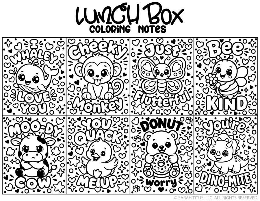 Black and white coloring sheet featuring eight animal pun cards including a whale monkey butterfly bee cow chick bear with a donut and dinosaur