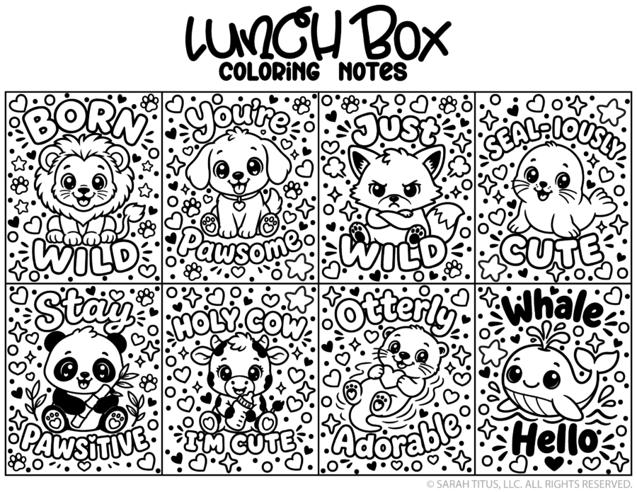 Black and white coloring page with eight animal cards showing a lion dog fox seal panda calf otter and whale