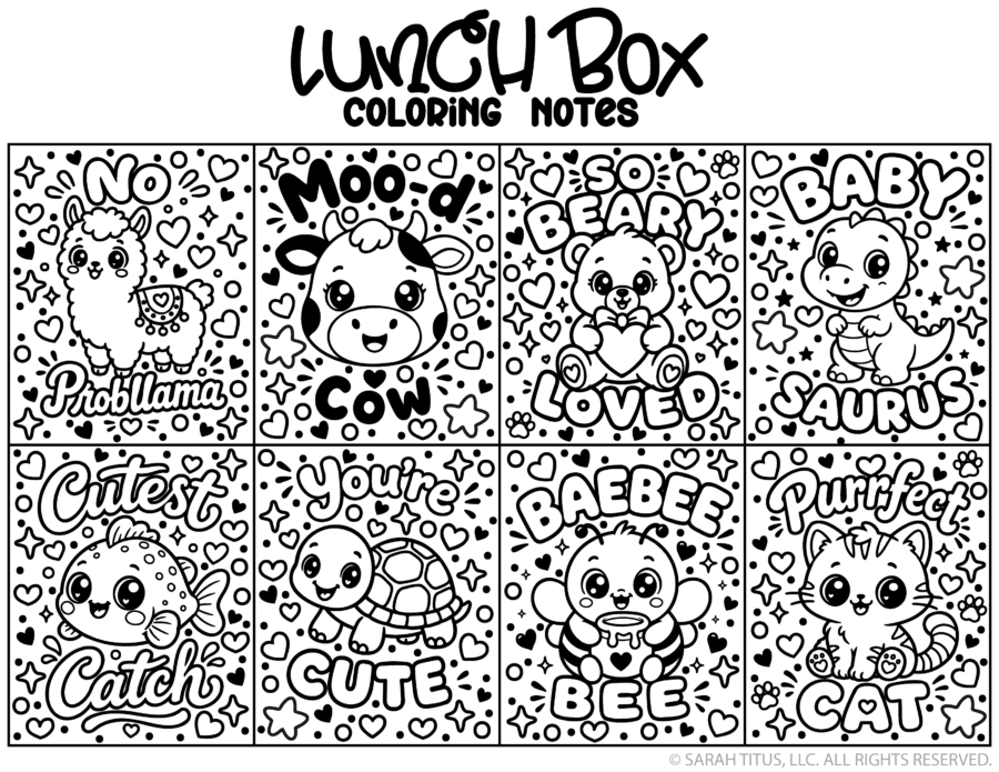Printable coloring page displaying eight animal notes including a llama cow bear baby dinosaur pufferfish turtle bee and cat
