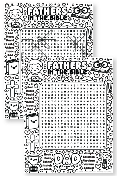 Fathers in the Bible word search printable featuring Abraham, Isaac, Jacob, David, Moses, Joseph, and other biblical fathers with cute Christian coloring illustrations