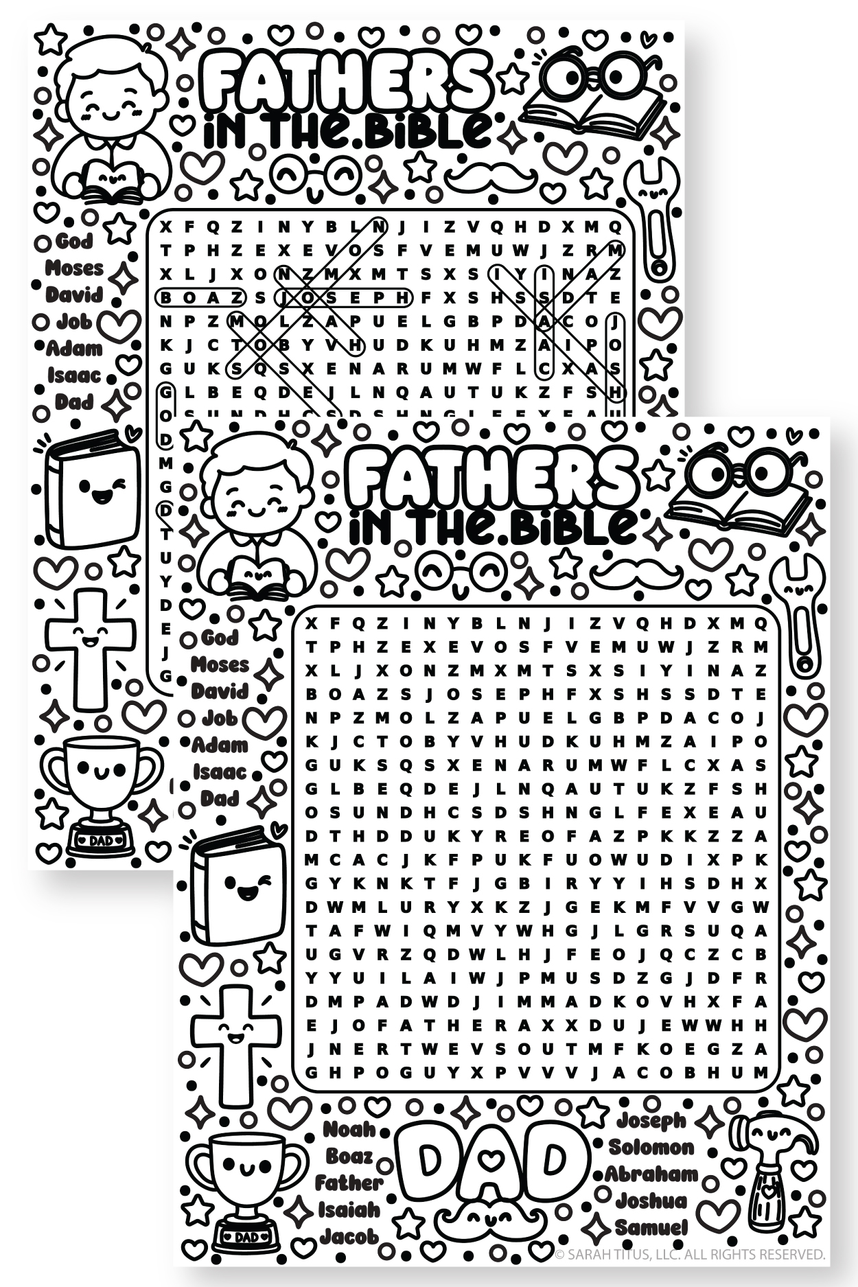 Fathers in the Bible word search printable featuring Abraham, Isaac, Jacob, David, Moses, Joseph, and other biblical fathers with cute Christian coloring illustrations