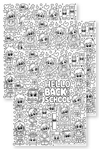 Stack of three free printable hello back to school coloring pages featuring kawaii students, a school bus, and classroom supplies for the first day of school.